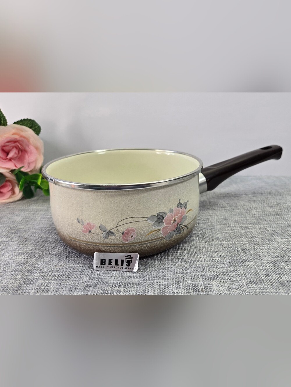 Vintage Belis Czechoslovakia Enamel Cooking Pot, No Lid Retro Pink Floral MCM
